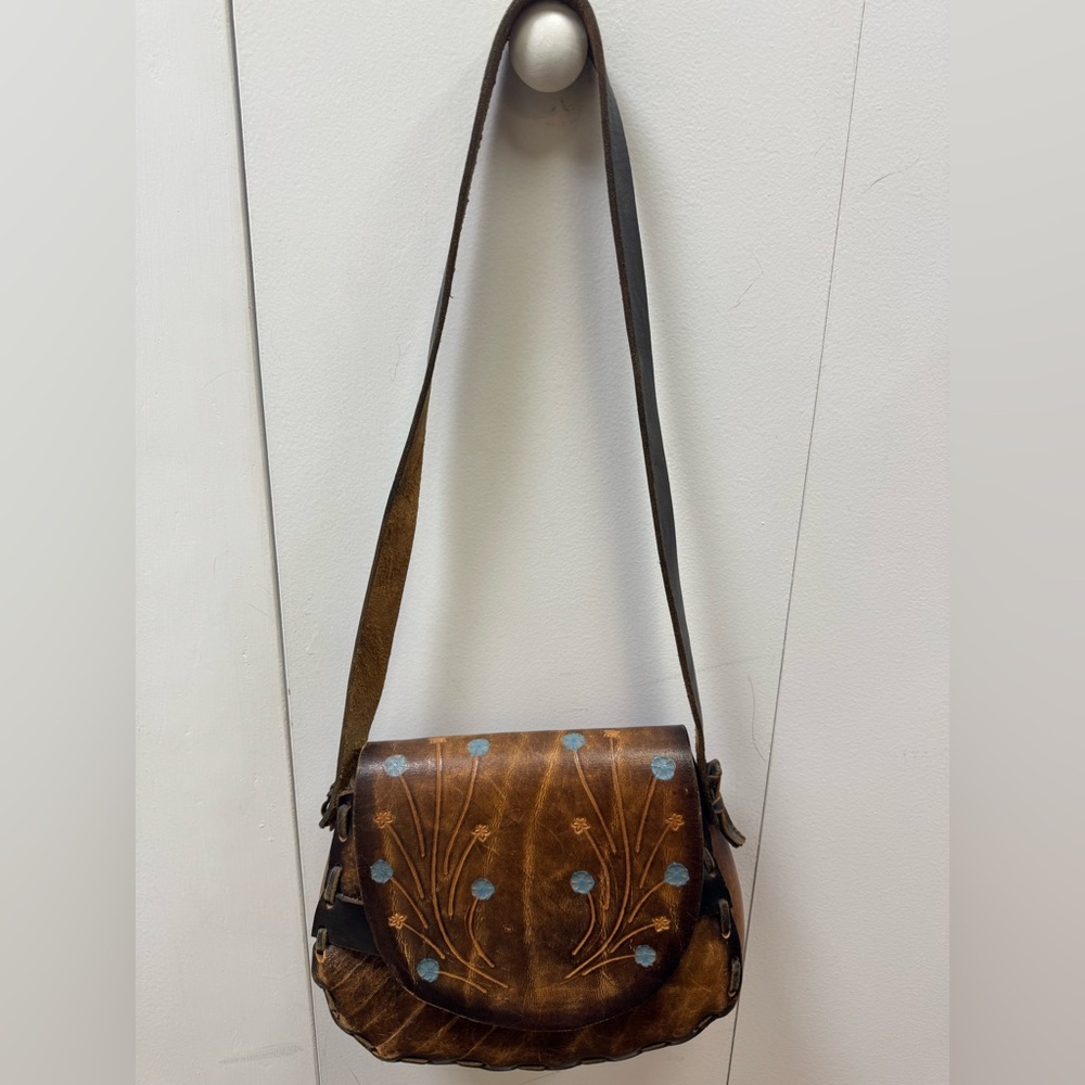 Artisan Brown Leather Bag with Floral Design - Picture 9 of 14